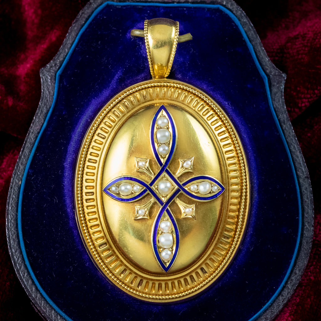 Antique Victorian Pearl Enamel Locket 18ct Gold With Box