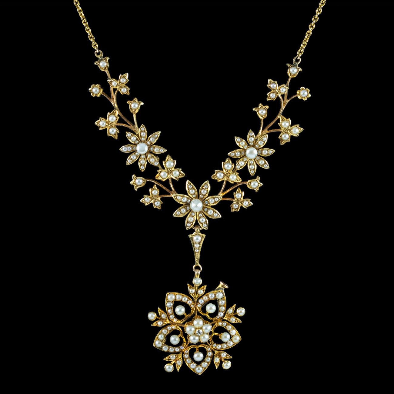 Antique Victorian Pearl Flower Lavaliere Pendant Necklace 15ct Gold Secondary image