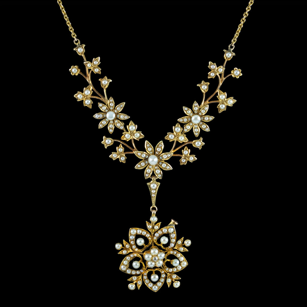 Antique Victorian Pearl Flower Lavaliere Pendant Necklace 15ct Gold 