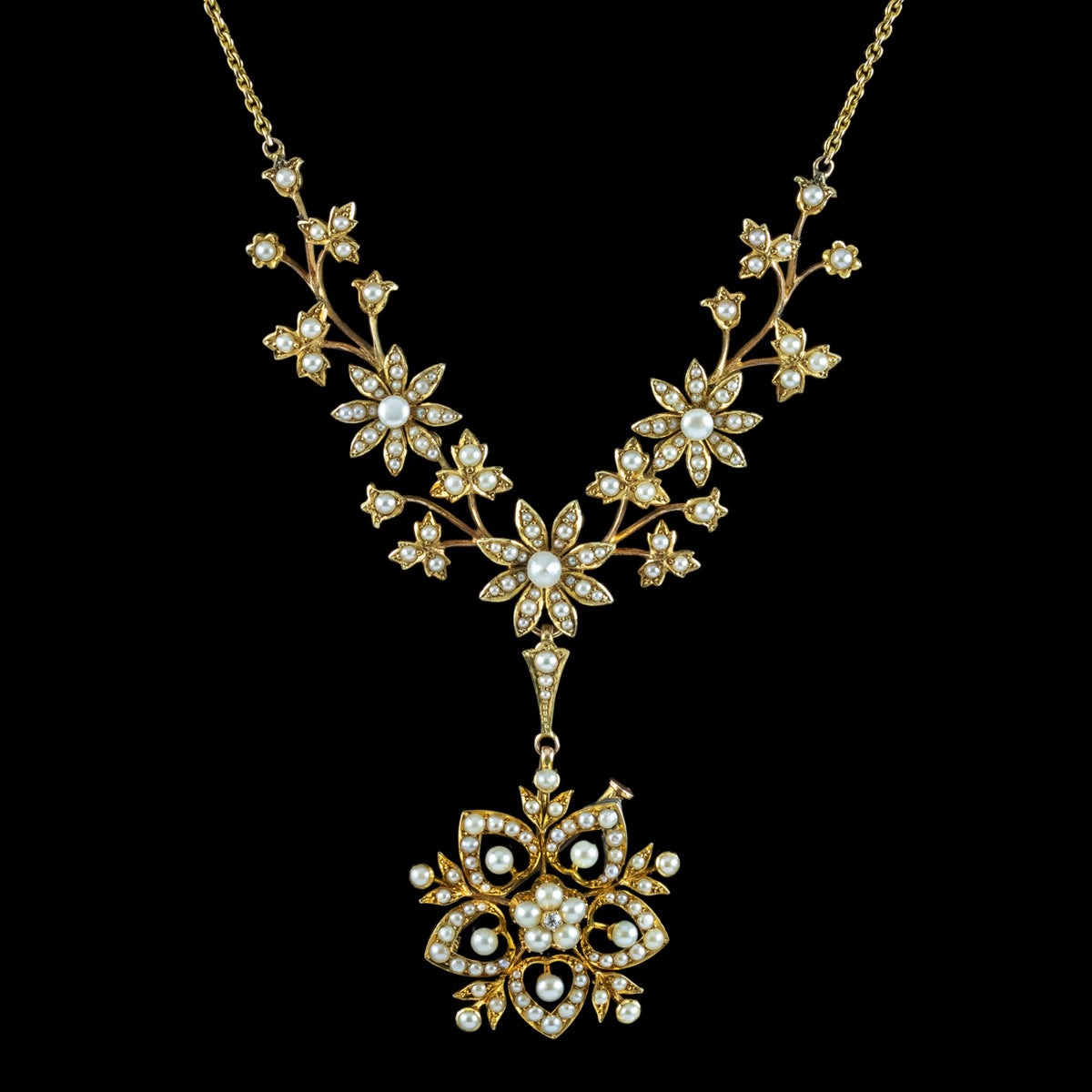 Antique Victorian Pearl Flower Lavaliere Pendant Necklace 15ct Gold 