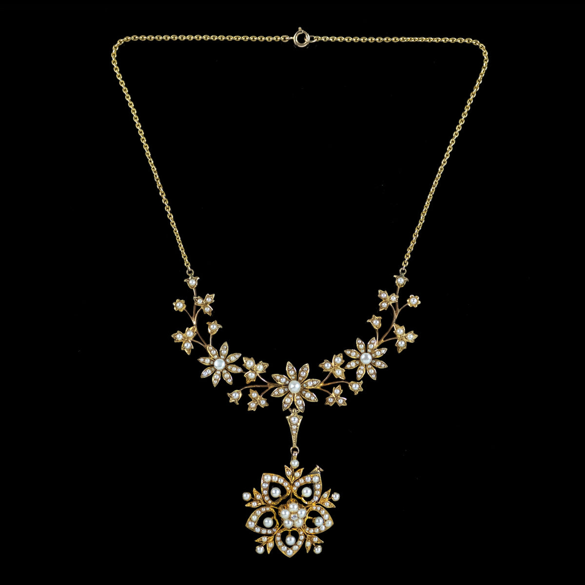 Antique Victorian Pearl Flower Lavaliere Pendant Necklace 15ct Gold 