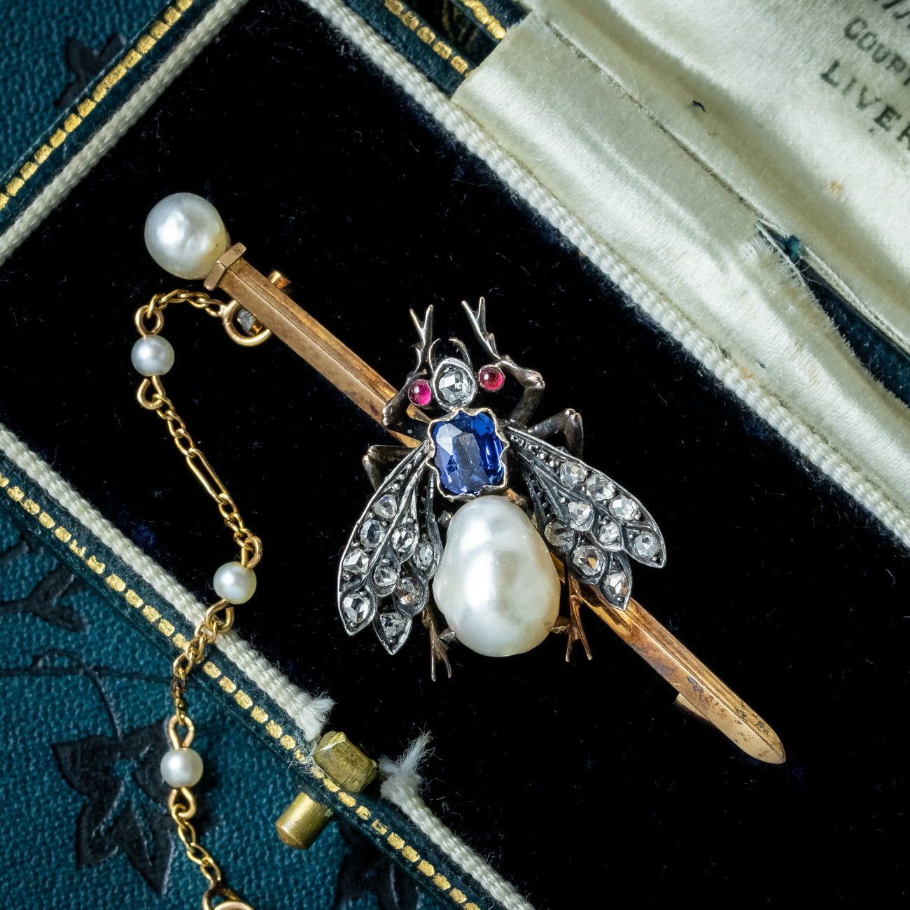 Antique Victorian French Pearl Sapphire Ruby Diamond Insect Brooch Secondary image