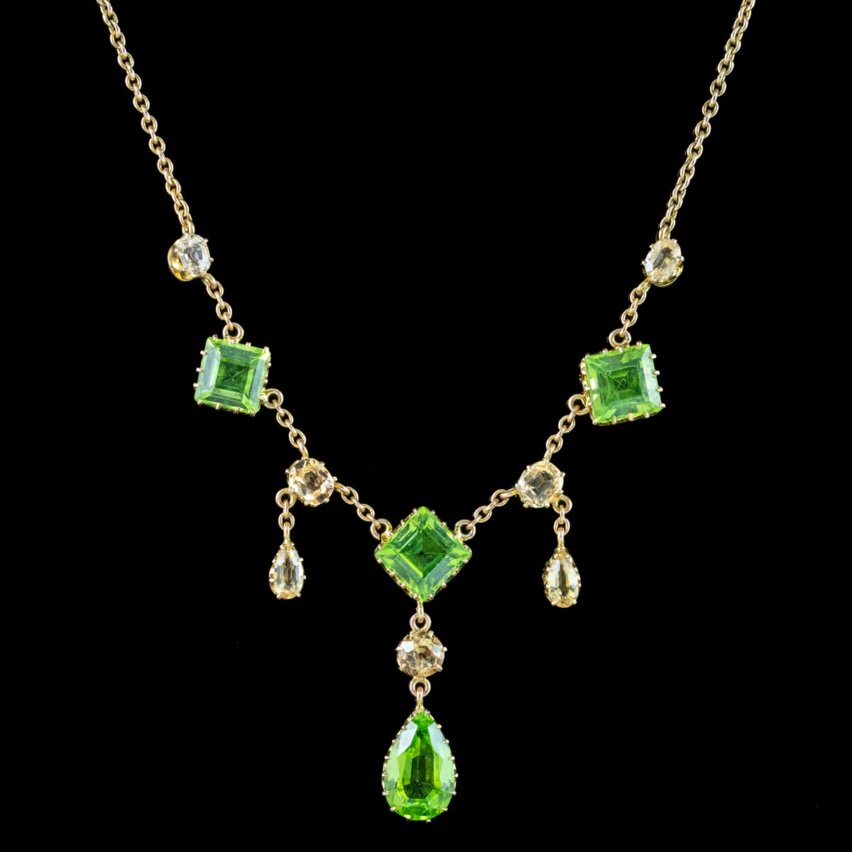 Antique Victorian Peridot Yellow Topaz Lavaliere Necklace 15ct Gold With Box