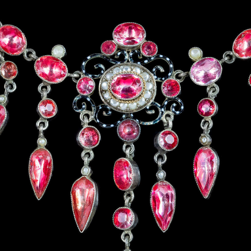 Antique Victorian Pink Paste Pearl Dropper Necklace Silver