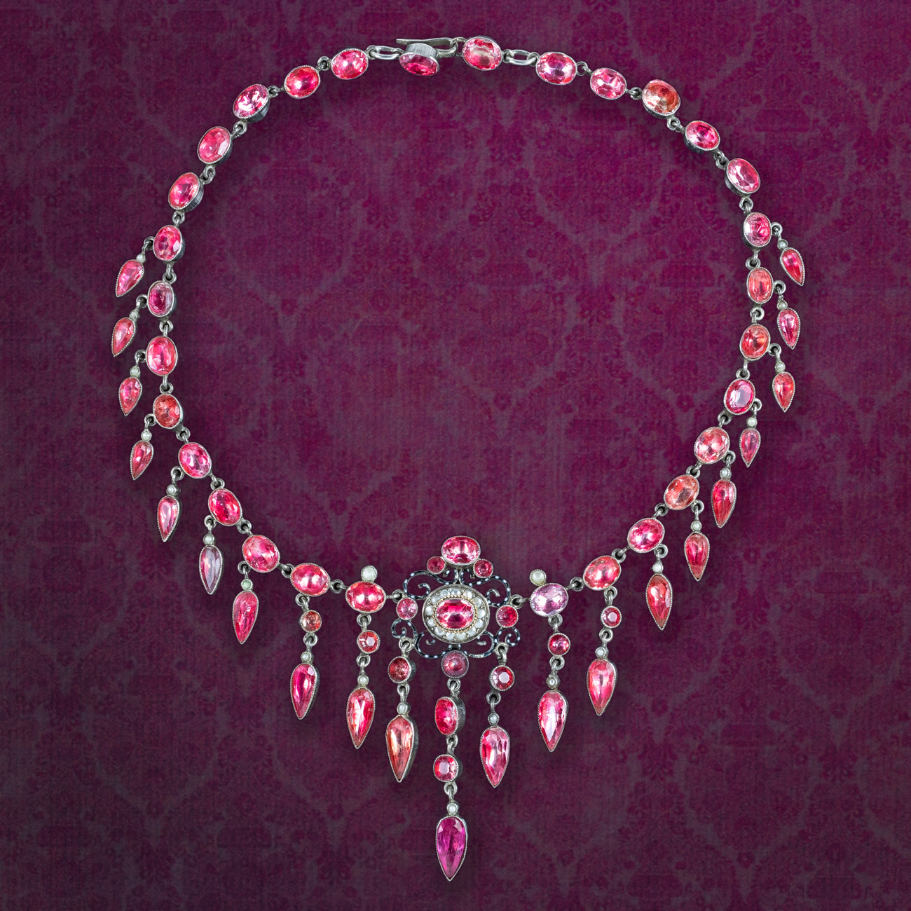 Antique Victorian Pink Paste Pearl Dropper Necklace Silver