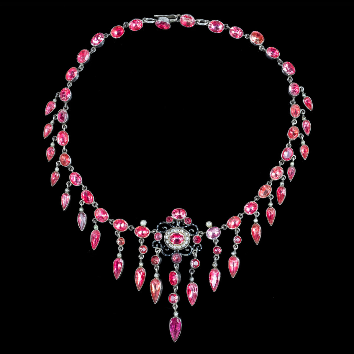 Antique Victorian Pink Paste Pearl Dropper Necklace Silver