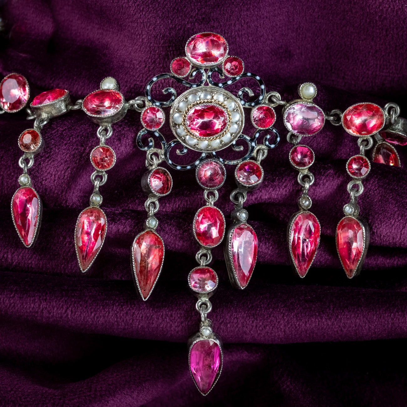 Antique Victorian Pink Paste Pearl Dropper Necklace Silver