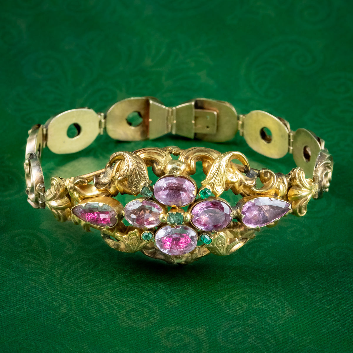 Antique Victorian Pink Topaz Emerald Bracelet 18ct Gold With Box Main image