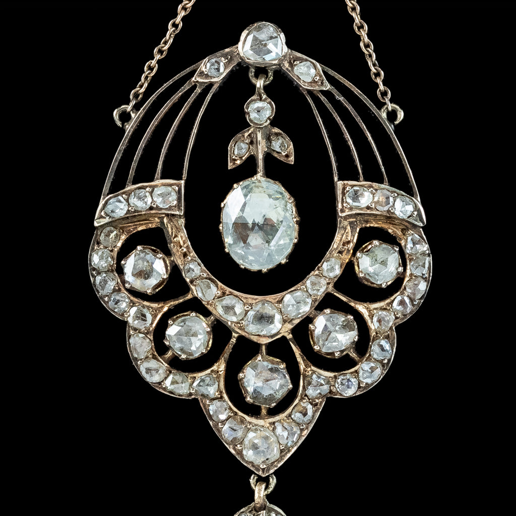 Antique Victorian Rose Cut Diamond Lavaliere Necklace 15ct Gold 3.2ct Total