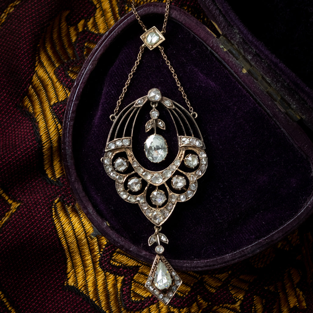 Antique Victorian Rose Cut Diamond Lavaliere Necklace 15ct Gold 3.2ct Total