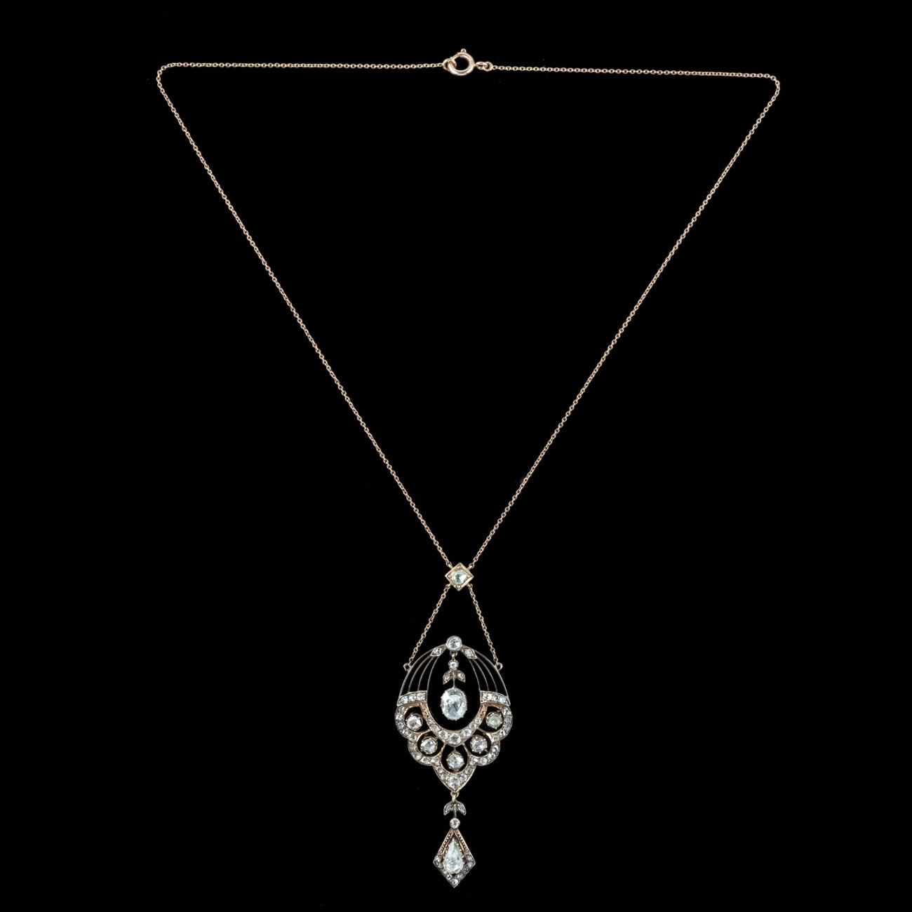 Antique Victorian Rose Cut Diamond Lavaliere Necklace 15ct Gold 3.2ct Total