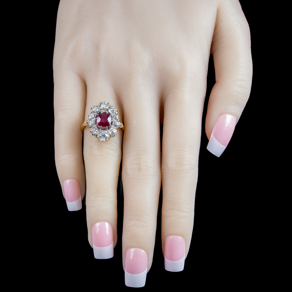 Antique Victorian Ruby Diamond Cluster Ring 1.15ct Ruby With Cert