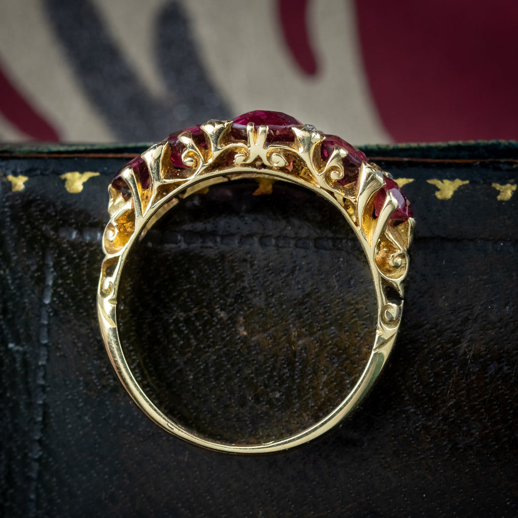 Antique Victorian Ruby Diamond Five Stone Ring 2.6ct Rubies With Cert