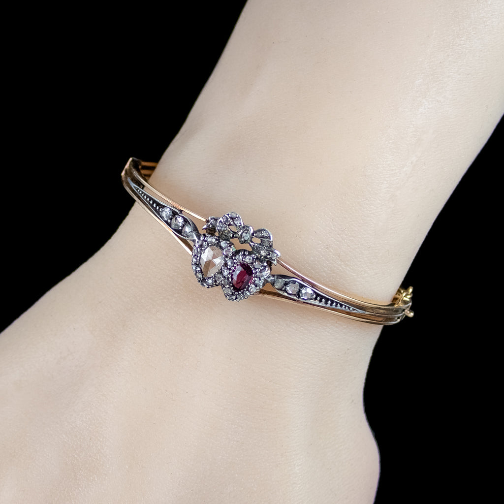 Antique Victorian Ruby Diamond Heart Bangle Silver 18ct Gold 