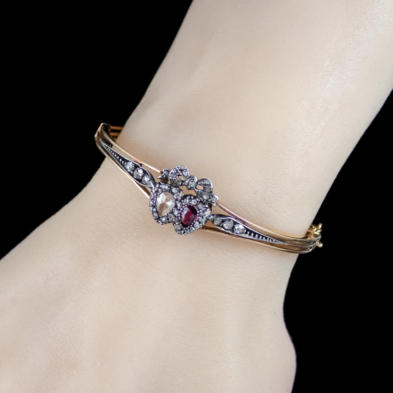 Antique Victorian Ruby Diamond Heart Bangle Silver 18ct Gold 