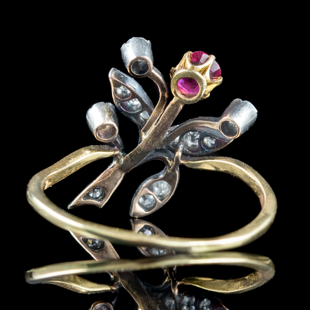 Antique Victorian Ruby Diamond Spray Flower Ring 0.30ct Ruby