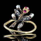 Antique Victorian Ruby Diamond Spray Flower Ring 0.30ct Ruby