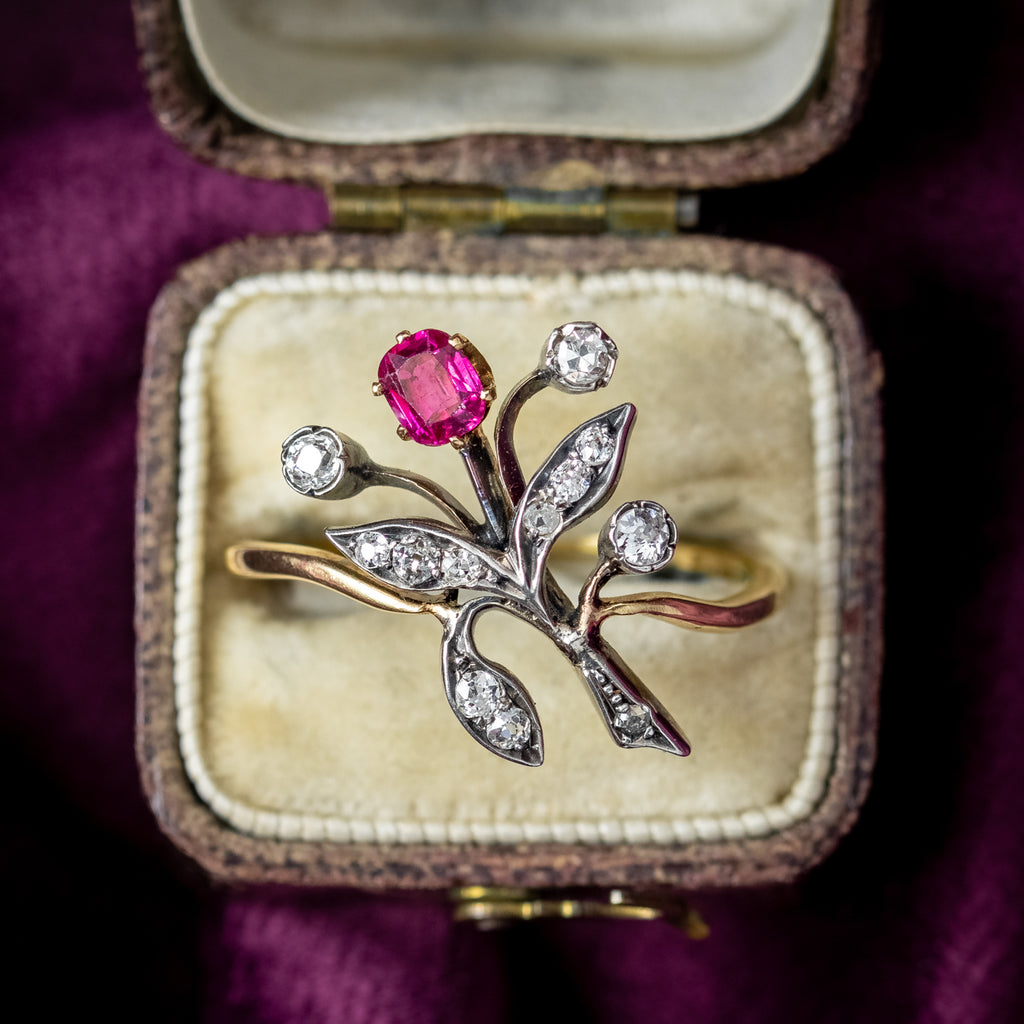 Antique Victorian Ruby Diamond Spray Flower Ring 0.30ct Ruby