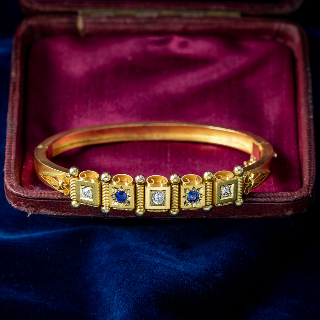Antique Victorian Sapphire Diamond Bangle 18ct Gold With Box