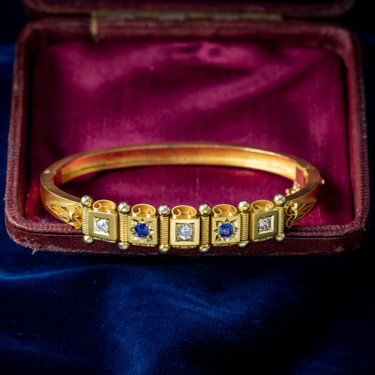 Antique Victorian Sapphire Diamond Bangle 18ct Gold With Box