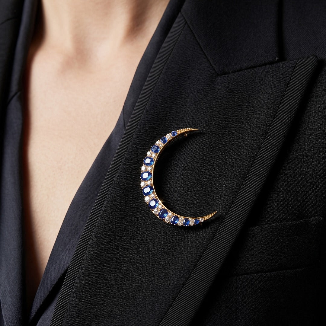 Antique Victorian Sapphire Diamond Crescent Moon Brooch 15ct Gold Secondary image