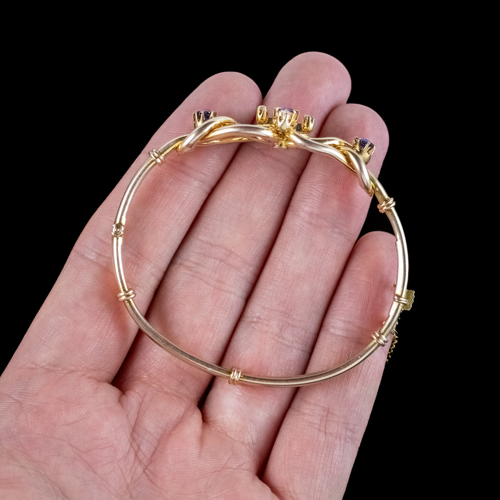 Antique Victorian Sapphire Diamond Love Knot Bangle 15ct Gold 