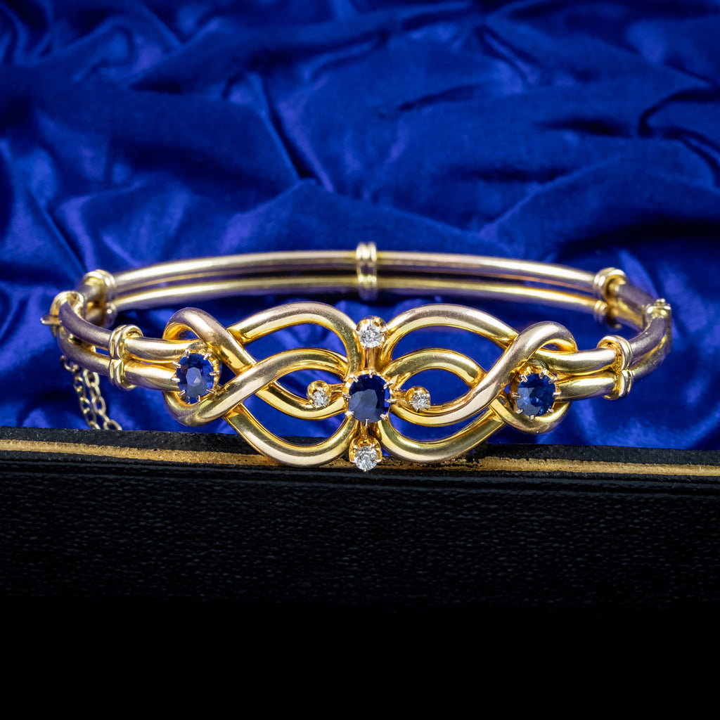 Antique Victorian Sapphire Diamond Love Knot Bangle 15ct Gold 