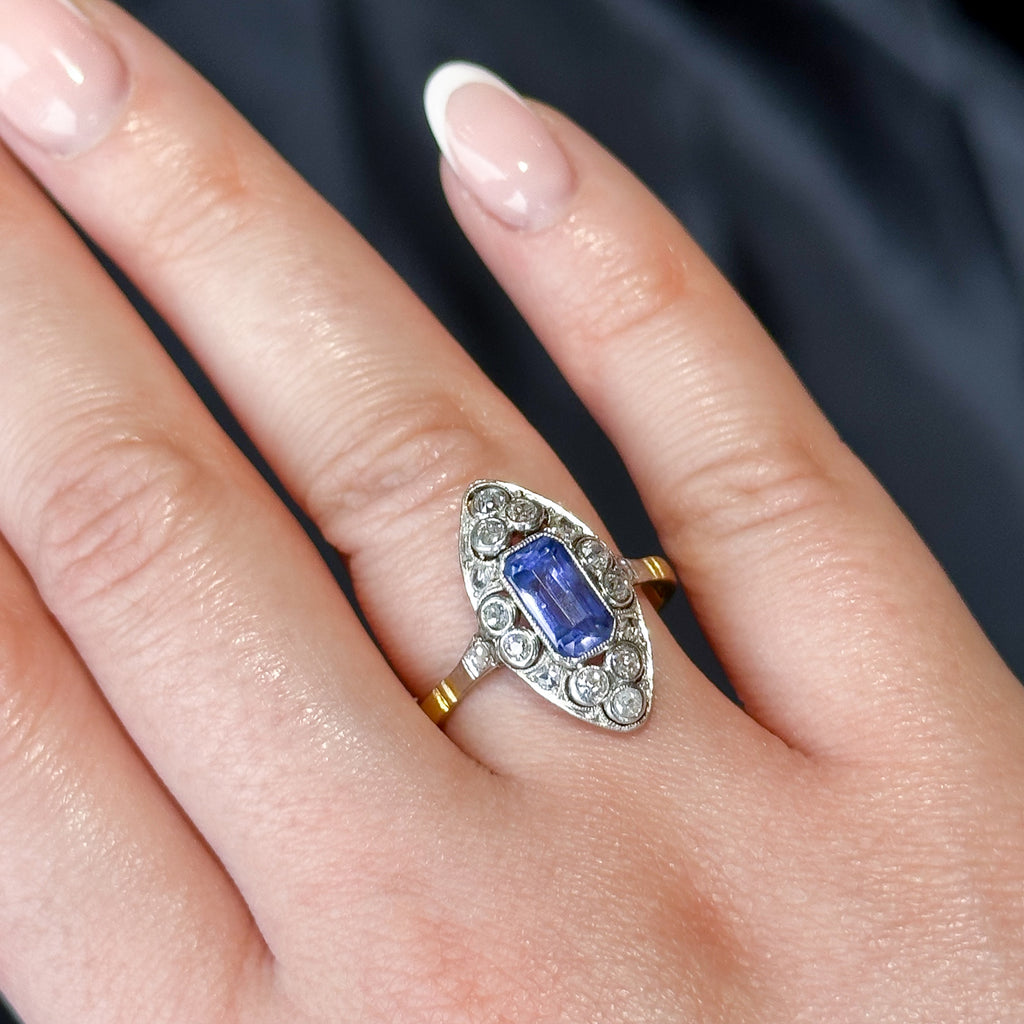 Antique Art Deco Sapphire Diamond Navette Ring 1.2ct Synthetic Sapphire