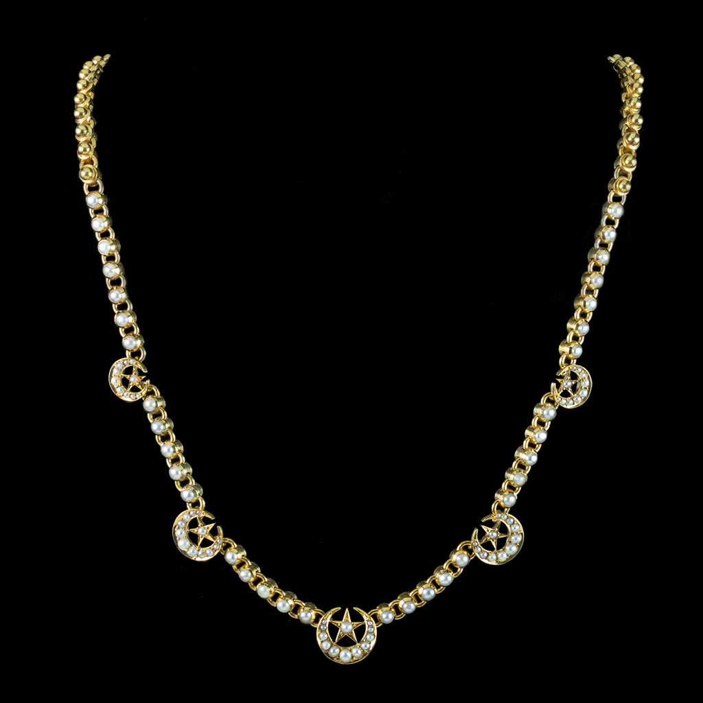 Antique Victorian Star And Crescent Pearl Necklace 18ct Gold With Box 