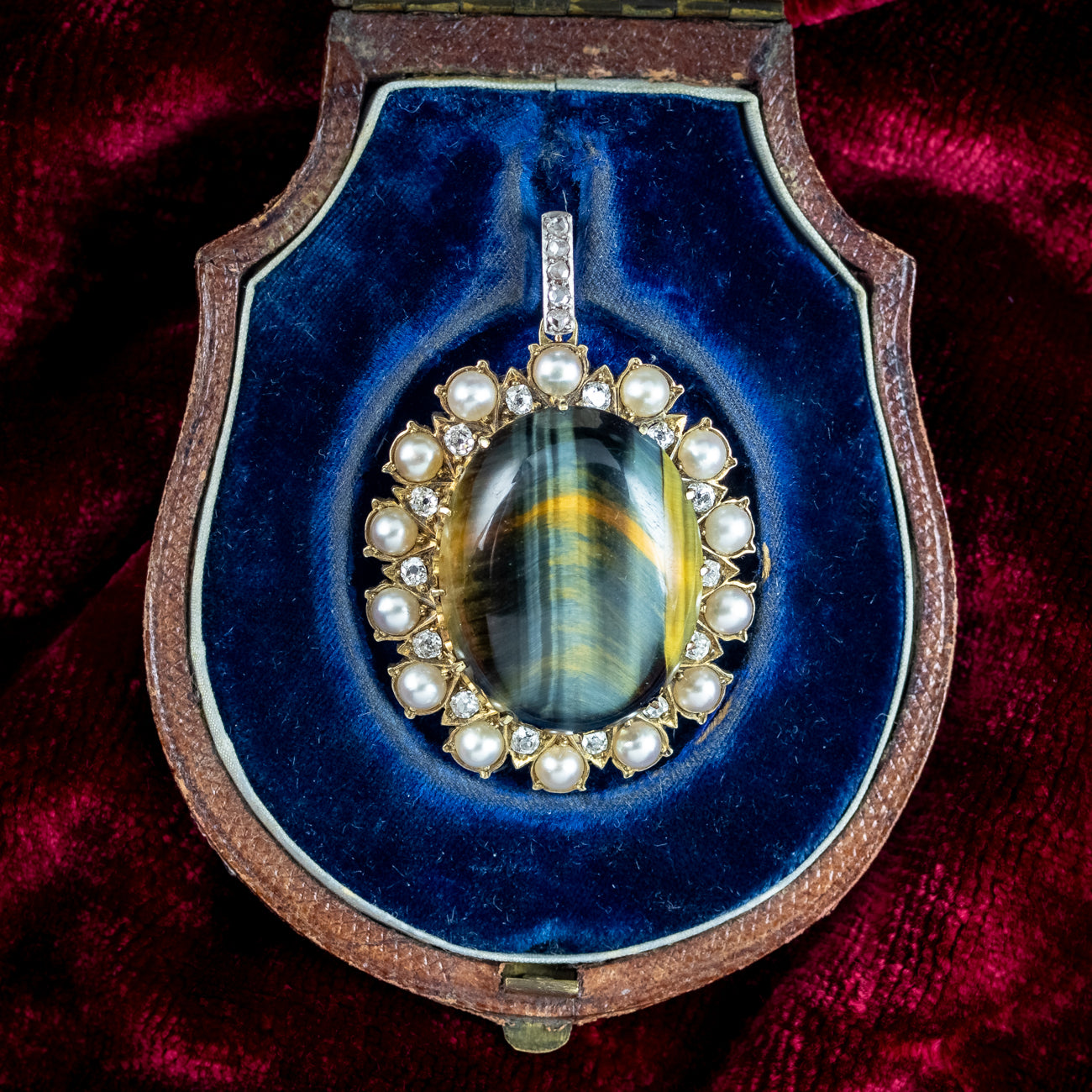Antique Victorian Tigers Eye Diamond Pearl Pendant 18ct Gold With Box Secondary image