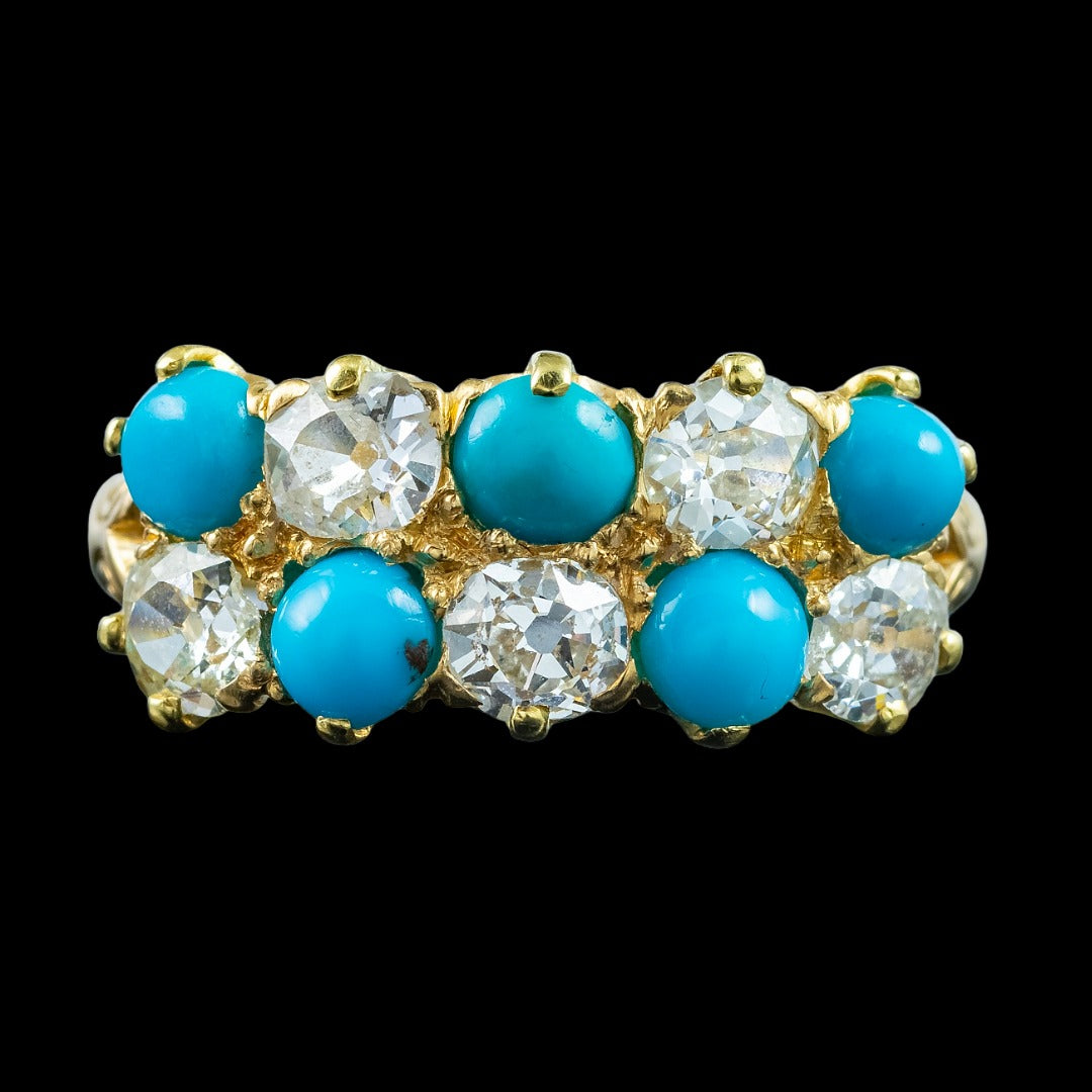 Antique Victorian Turquoise Diamond Cluster Ring 1.1ct Diamond