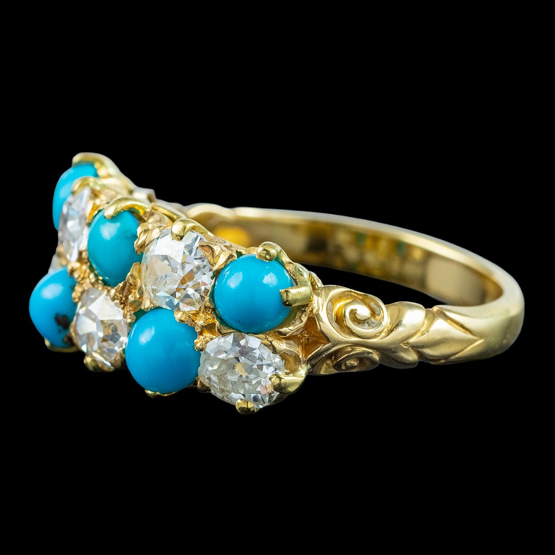Antique Victorian Turquoise Diamond Cluster Ring 1.1ct Diamond