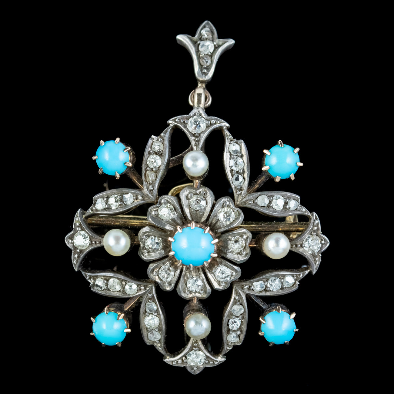 Antique Victorian Turquoise Diamond Pearl Flower Pendant With Box Secondary image