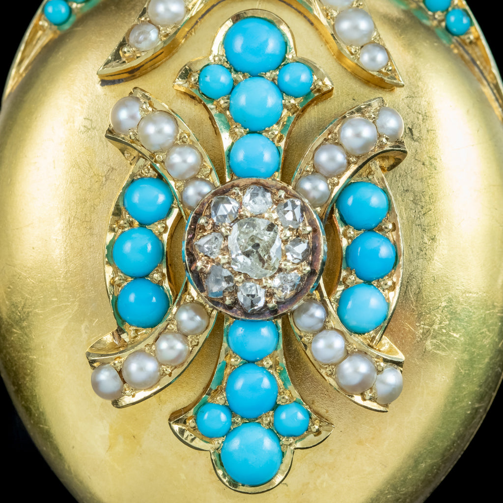 Antique Victorian Turquoise Diamond Pearl Locket 18ct Gold 