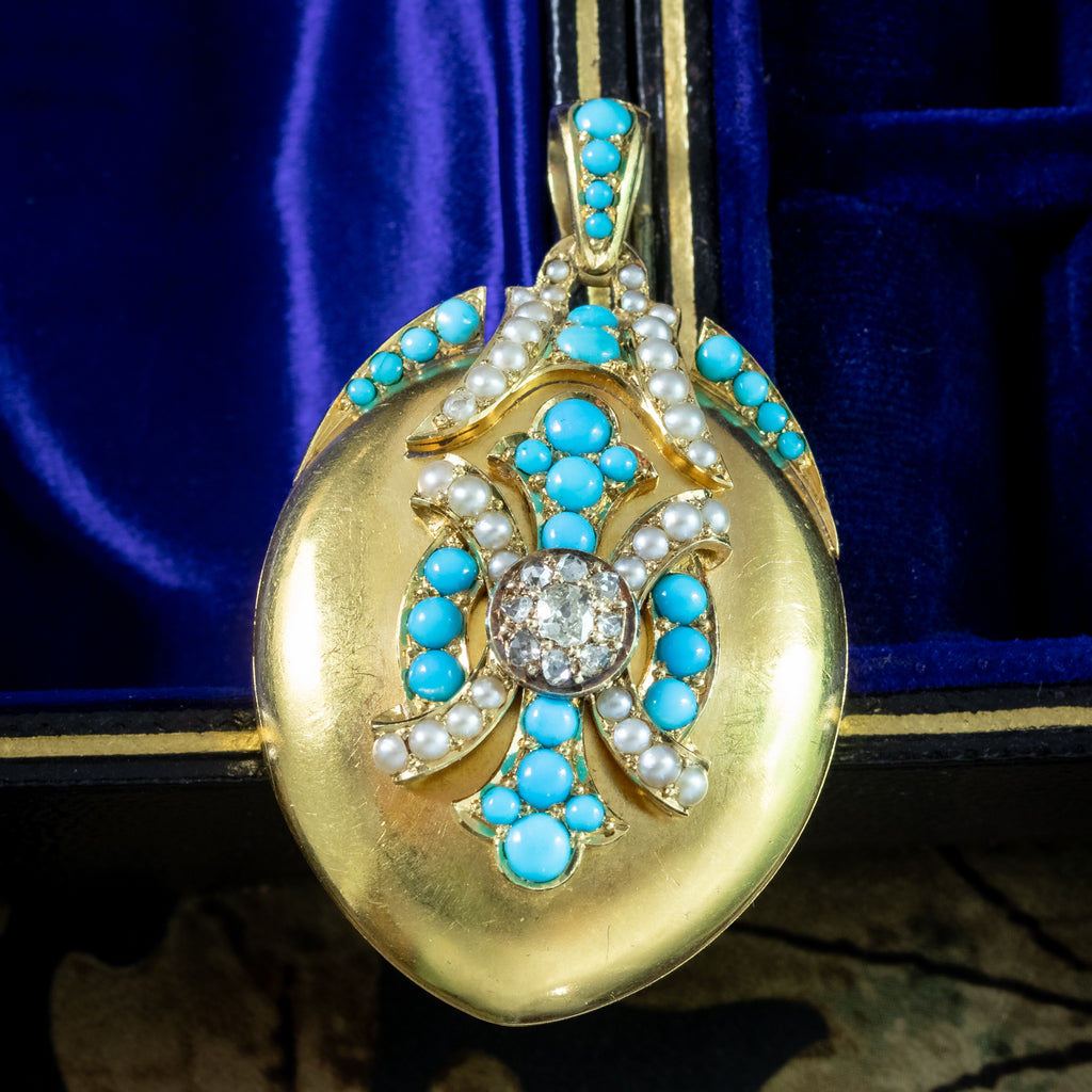 Antique Victorian Turquoise Diamond Pearl Locket 18ct Gold 