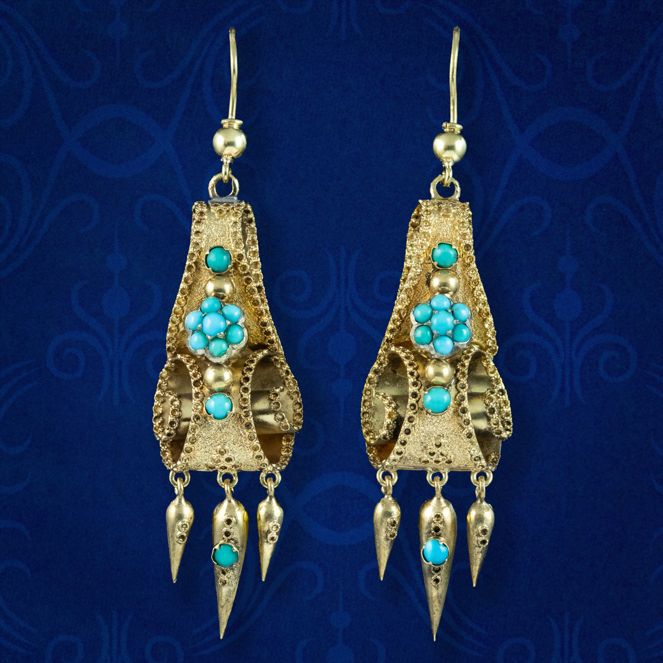Antique Victorian Turquoise Etruscan Drop Earrings 18ct Gold Main image