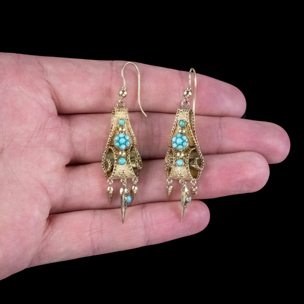 Antique Victorian Turquoise Etruscan Drop Earrings 18ct Gold