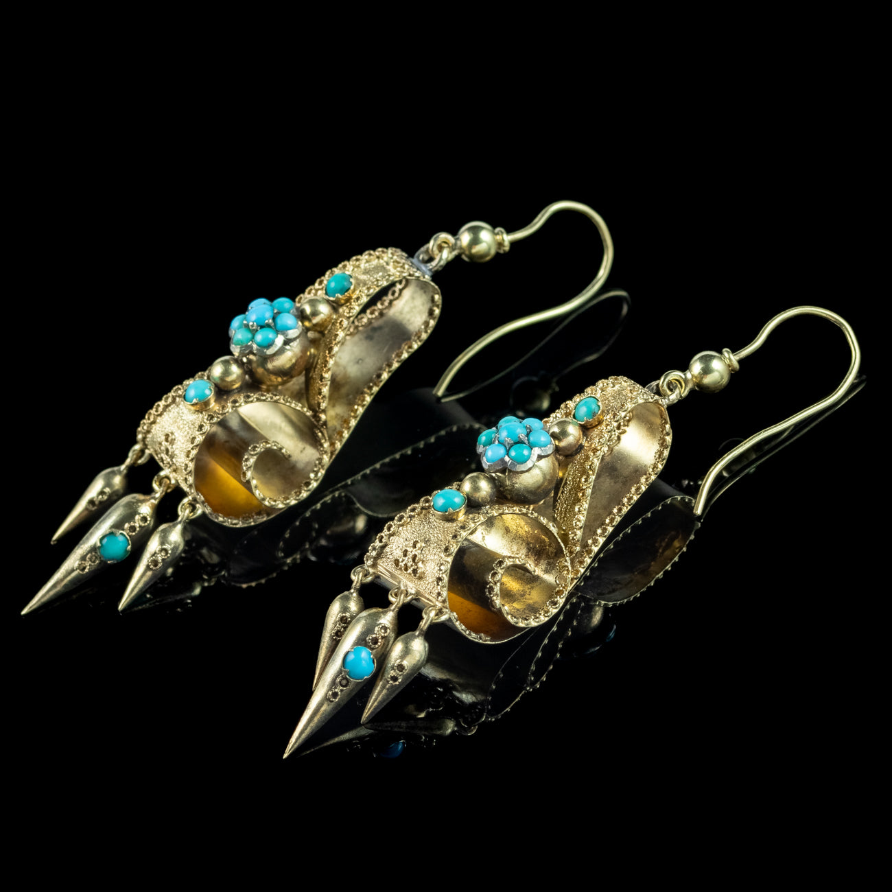 Antique Victorian Turquoise Etruscan Drop Earrings 18ct Gold