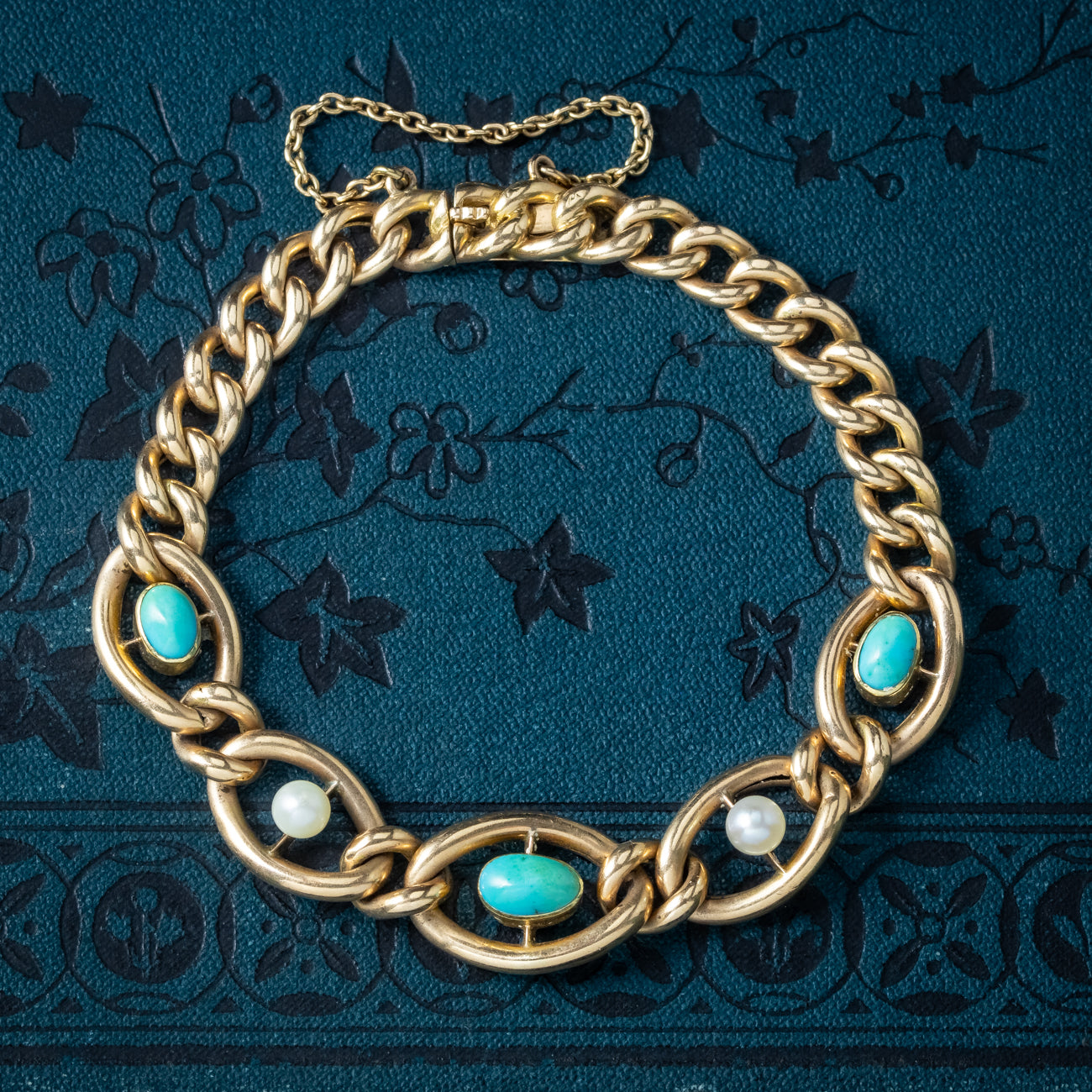 Antique Victorian Turquoise Pearl Curb Bracelet 15ct Gold Secondary image