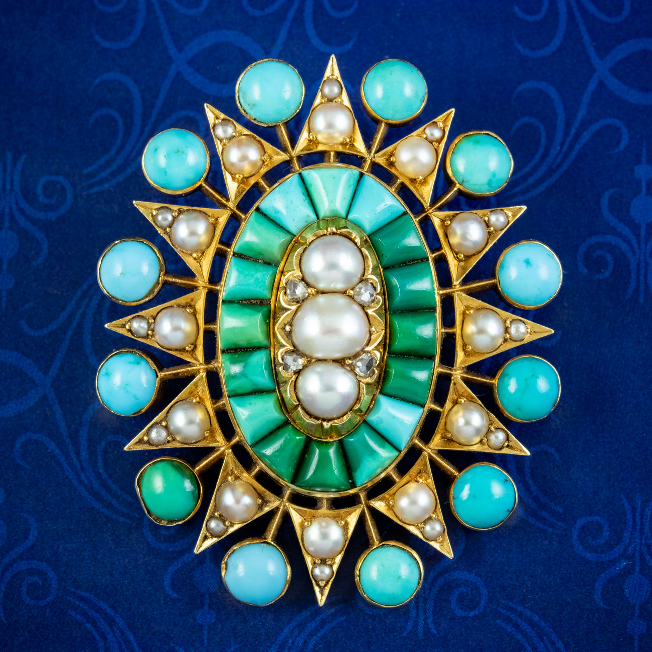 Antique Victorian Turquoise Pearl Diamond Star Pendant 18ct Gold Main image