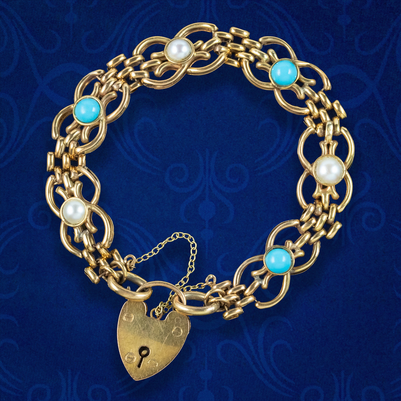Antique Victorian Turquoise Pearl Gate Bracelet 9ct Gold Main image