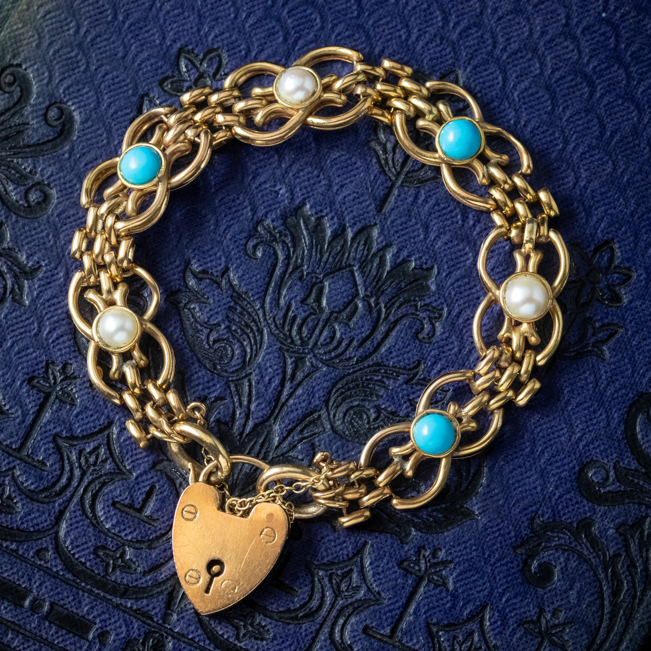 Antique Victorian Turquoise Pearl Gate Bracelet 9ct Gold