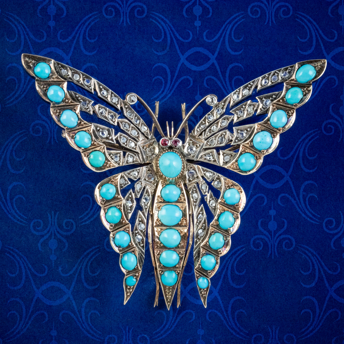 Antique Victorian Turquoise Diamond Butterfly Brooch Silver 15ct Gold  Main image