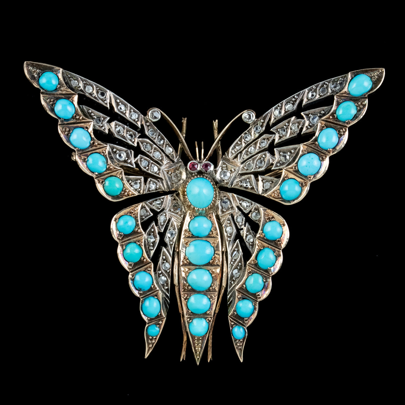 Antique Victorian Turquoise Diamond Butterfly Brooch Silver 15ct Gold Secondary image