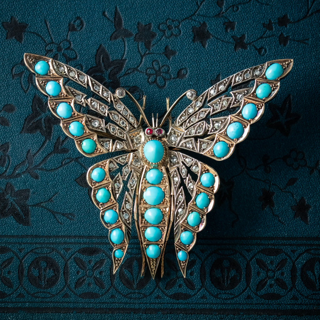 Antique Victorian Turquoise Diamond Butterfly Brooch Silver 15ct Gold 