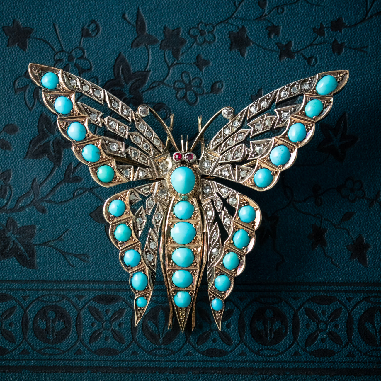 Antique Victorian Turquoise Diamond Butterfly Brooch Silver 15ct Gold 