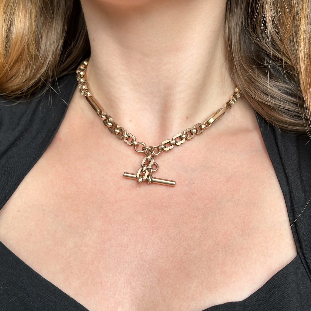 Antique Edwardian Albert Chain 9ct Gold With T Bar