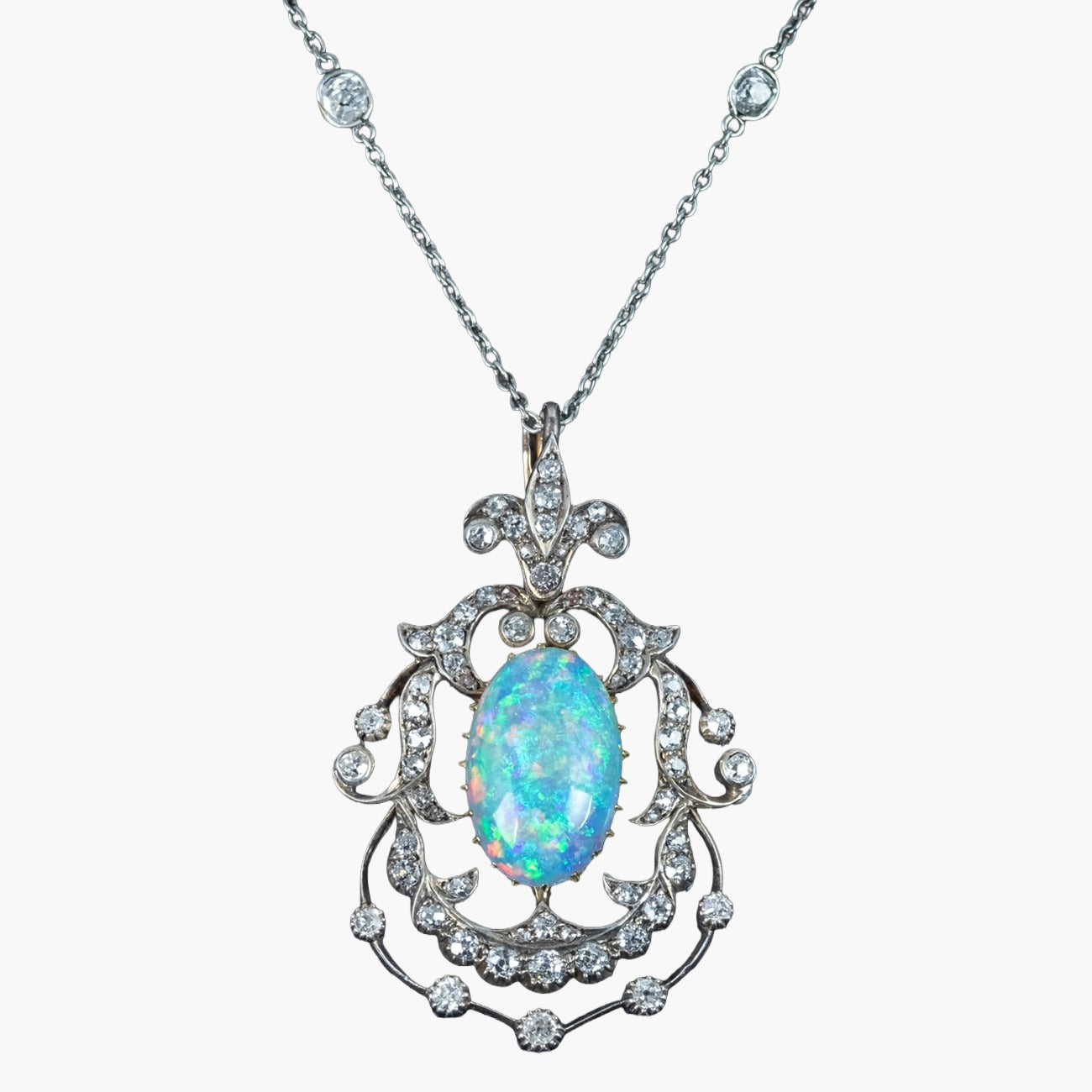 Antique Edwardian Opal Diamond Pendant Silver 18ct Gold Platinum Chain Main image