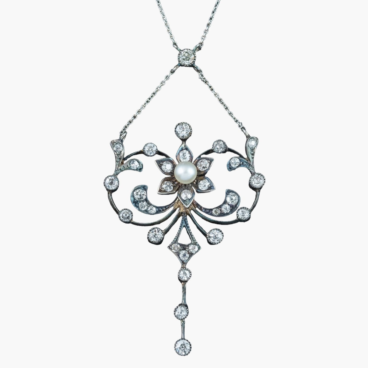 Antique Edwardian Pearl Diamond Flower Necklace With Box Main image