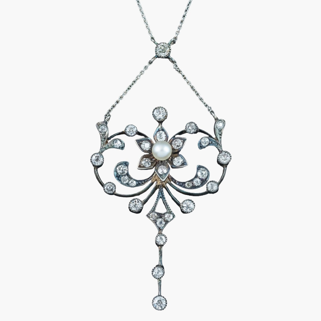 Antique Edwardian Pearl Diamond Flower Necklace With Box